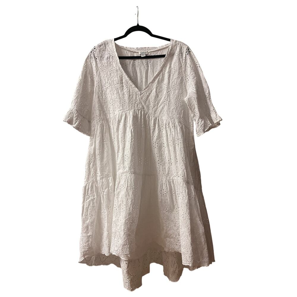 Sundance "Jasmine" White Eyelet Dress Cotton V-Neck Short Sleeves - Petite Large